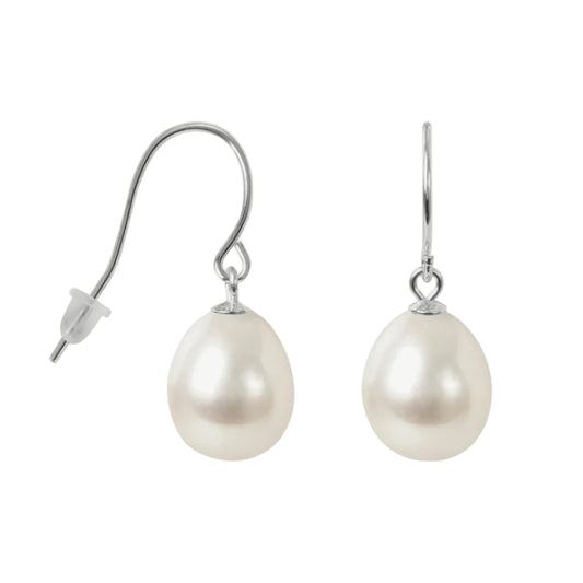 Pearl earrings with silver hooks on a white background
