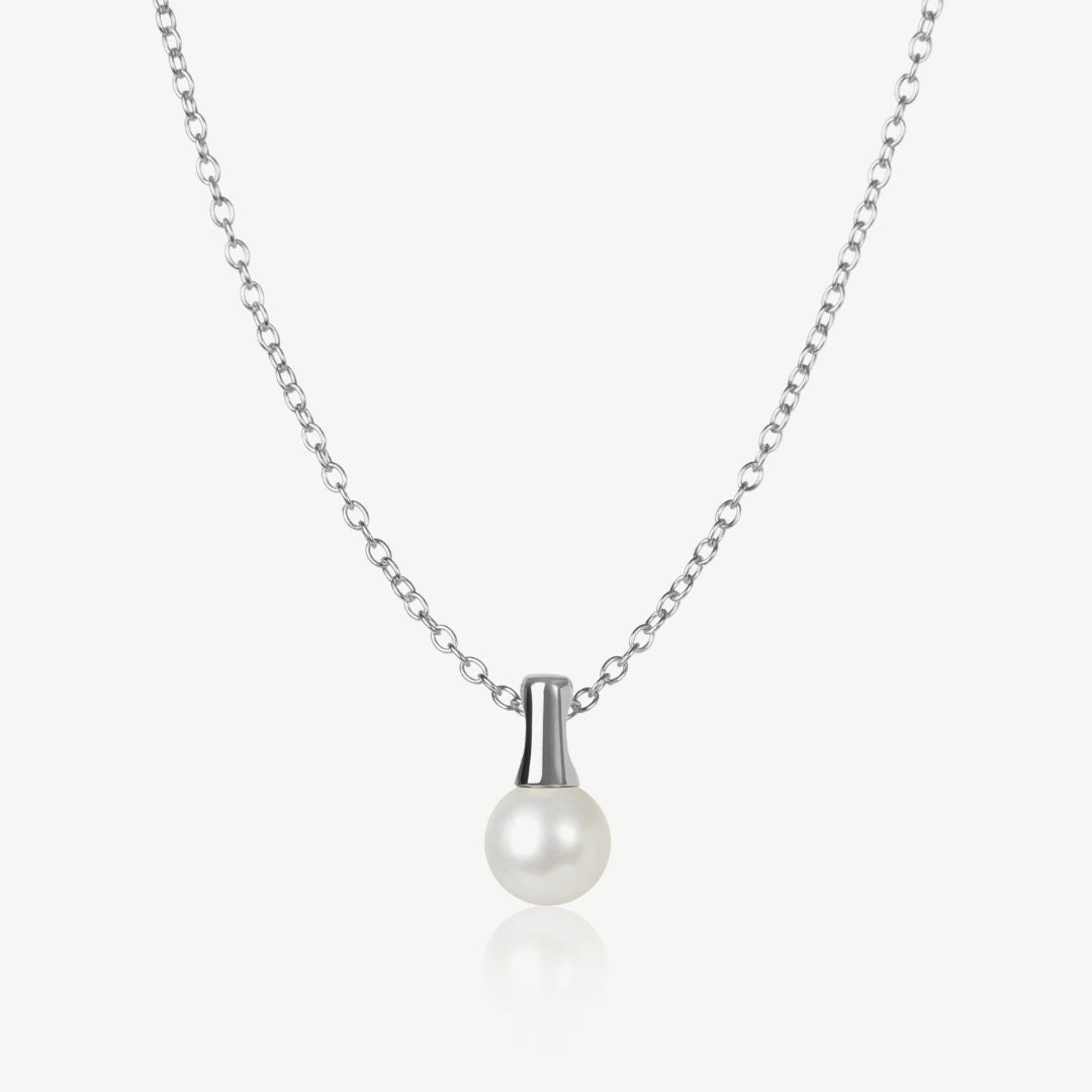 Pearl necklace with silver chain on a white background
