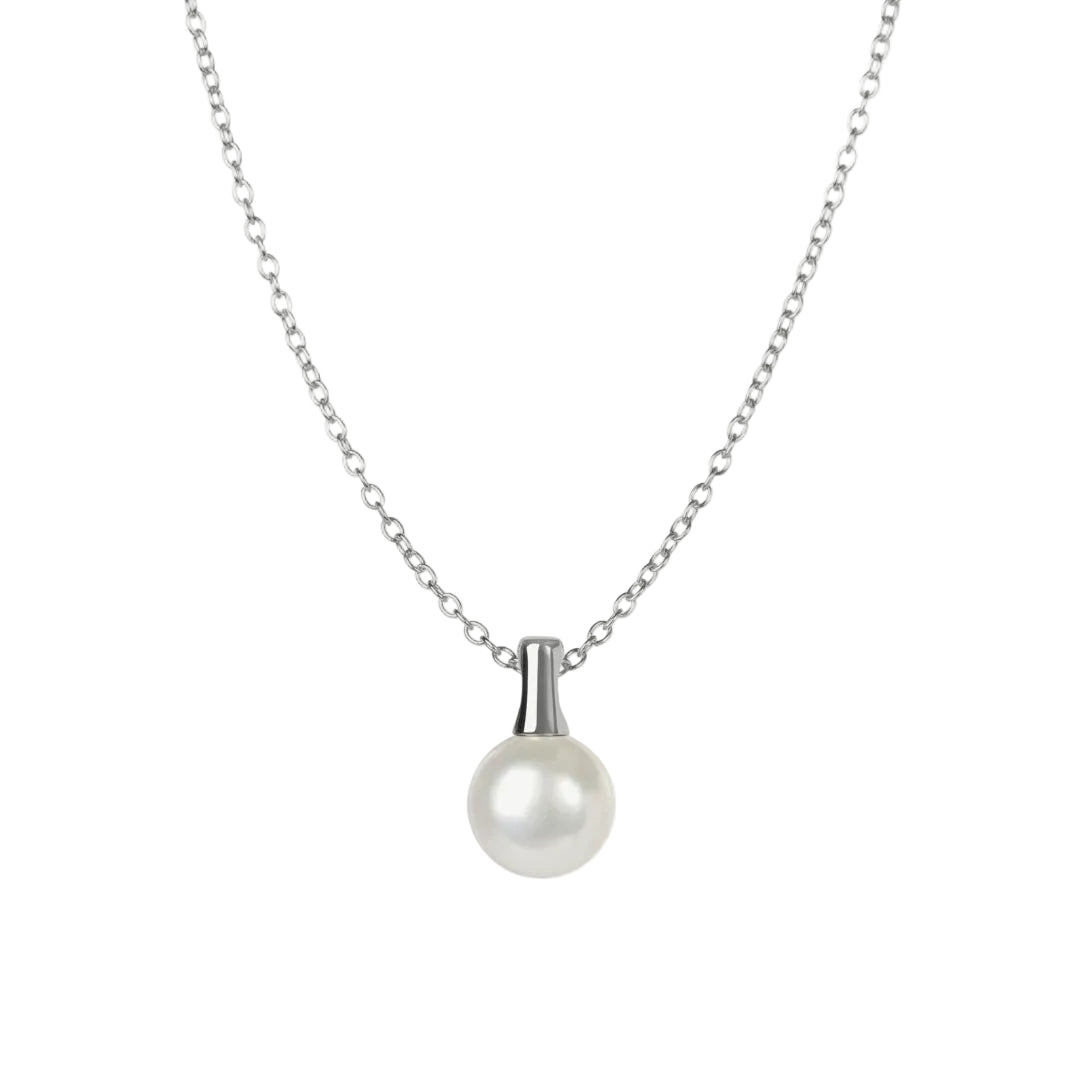 Pearl necklace with silver chain on a white background