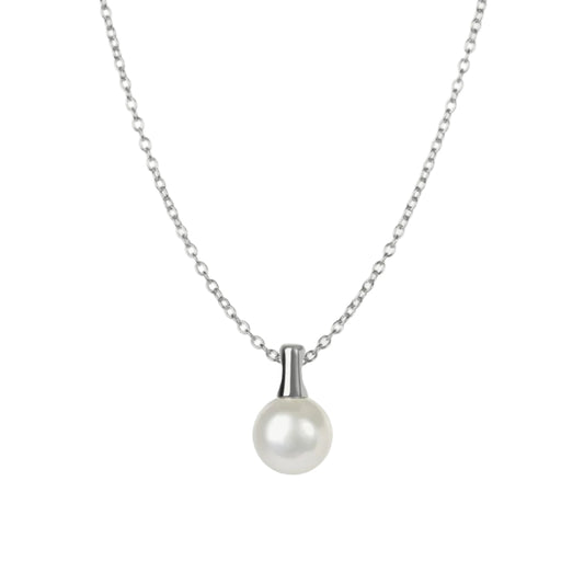 Pearl necklace with silver chain on a white background