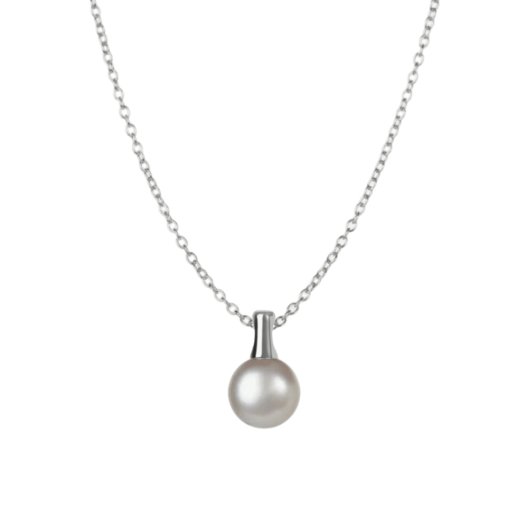 Pearl necklace with silver chain on a white background