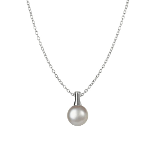 Pearl necklace with silver chain on a white background