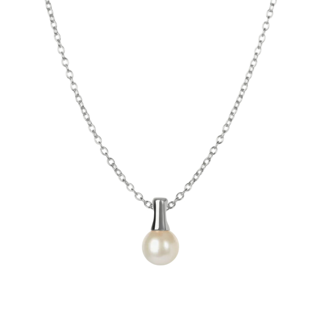 Pearl necklace with silver chain on a white background