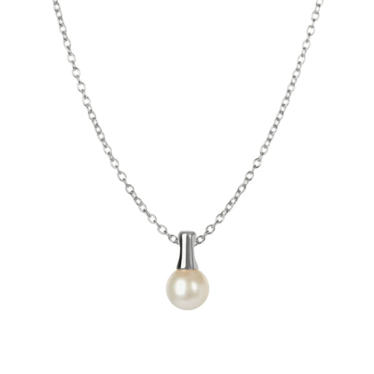 Pearl necklace with silver chain on a white background