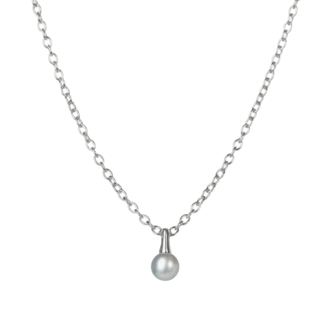 Pearl necklace with a silver chain on a white background