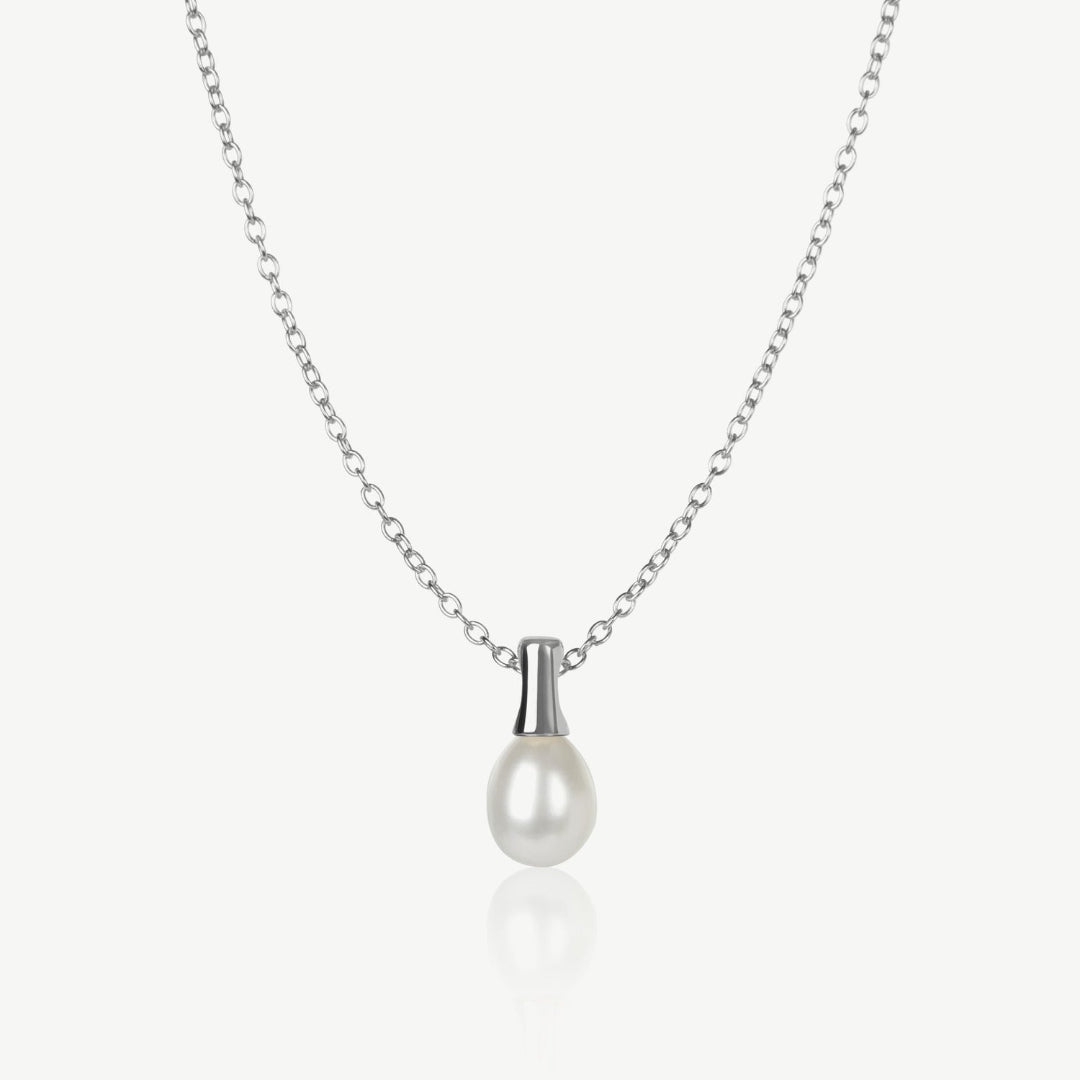Pearl necklace with silver chain on a white background