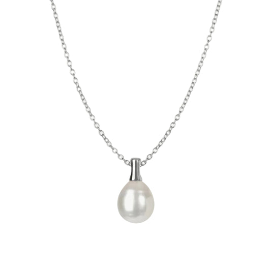 Pearl necklace with silver chain on a white background
