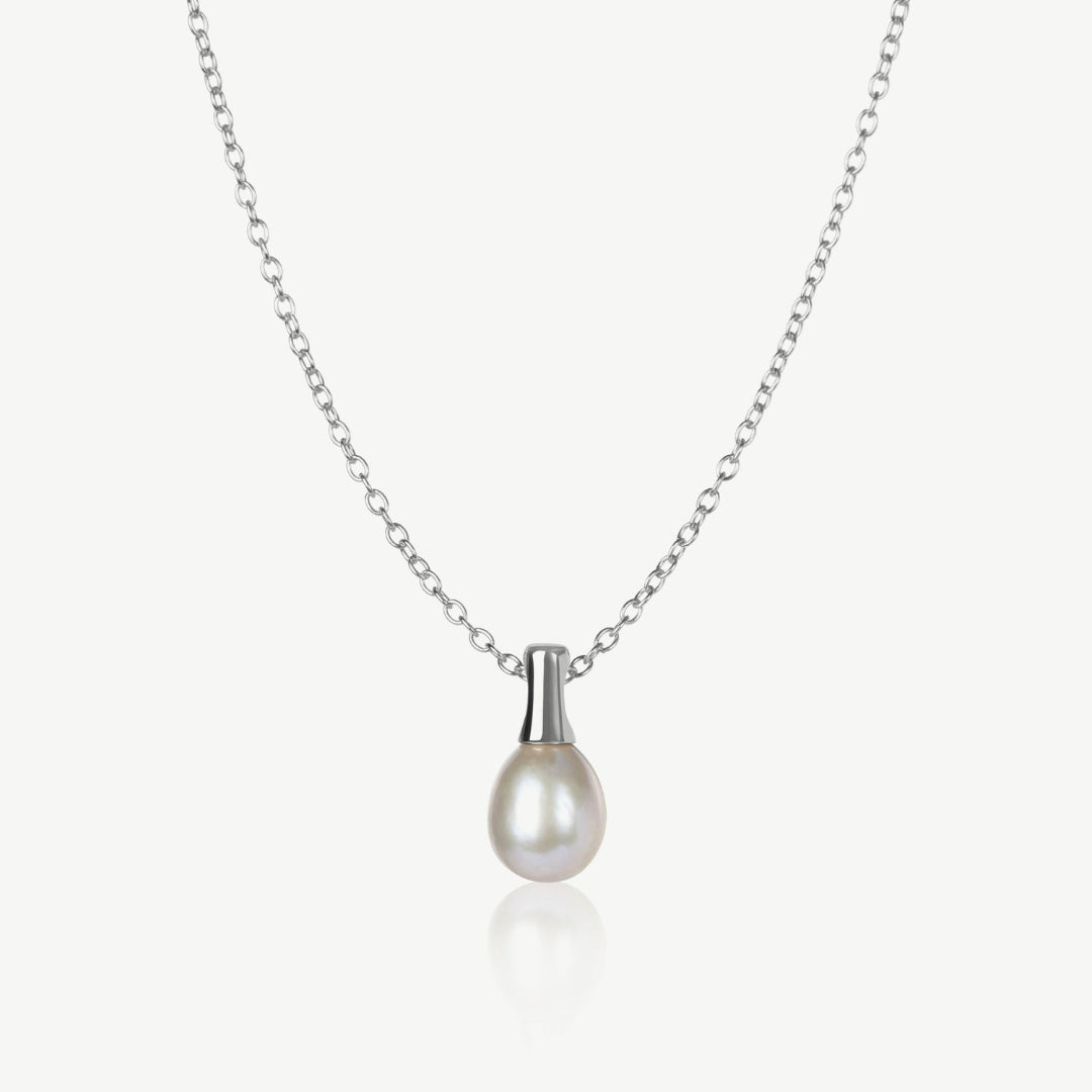 Pearl necklace with silver chain on a white background
