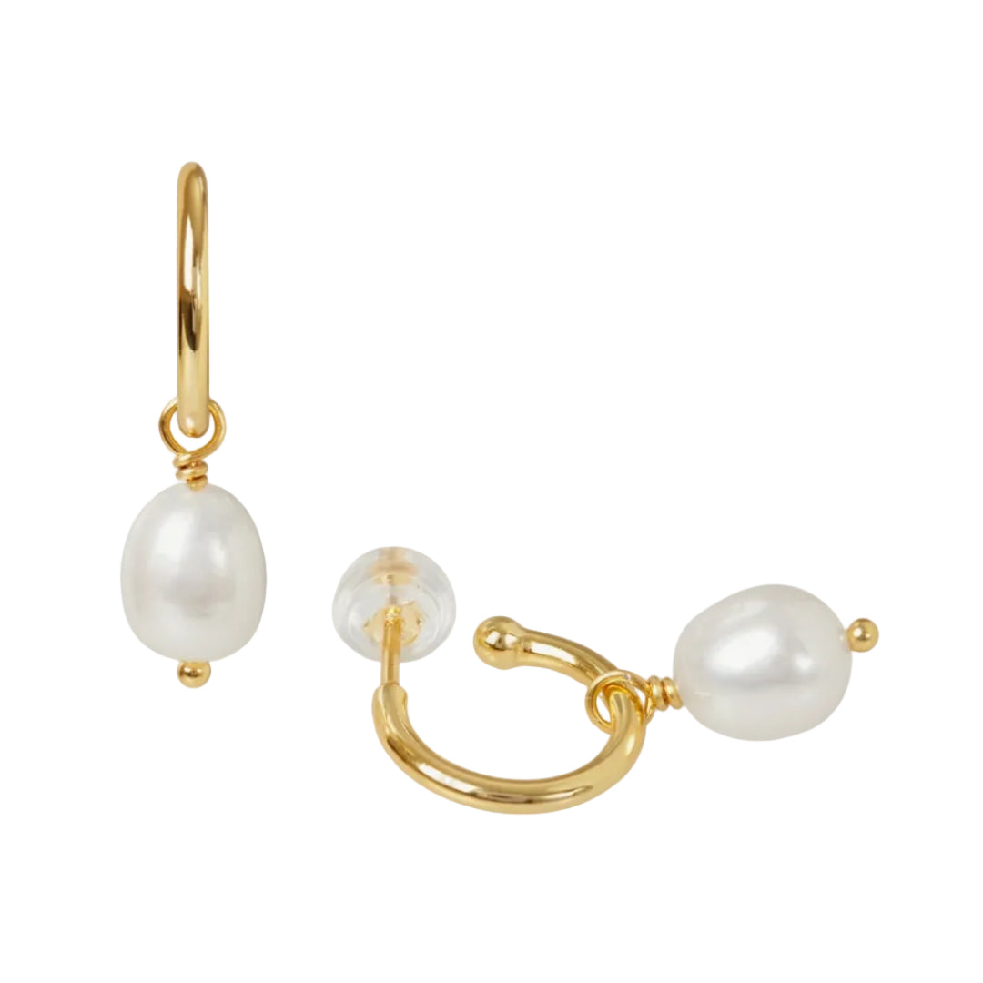 Gold earrings with pearls on a white background