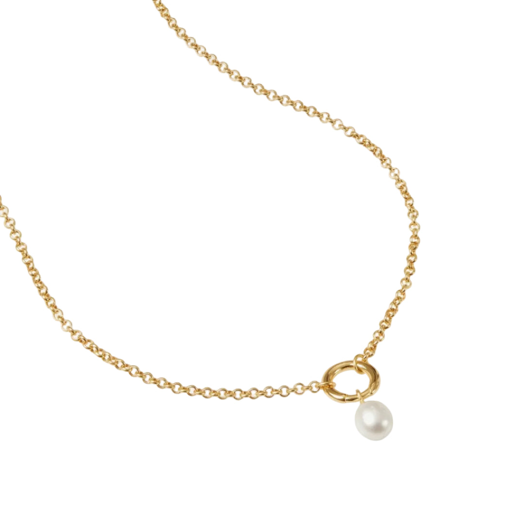 Gold necklace with a pearl pendant on a white background