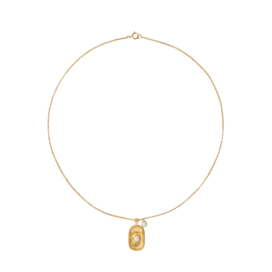 Gold necklace with a pendant on a white background