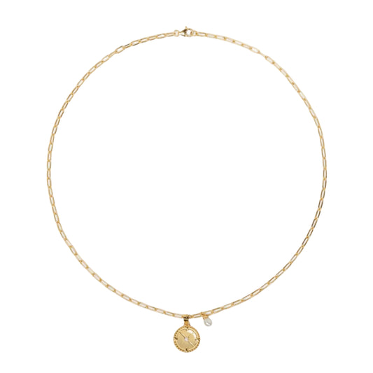 Gold necklace with a pendant on a light beige background