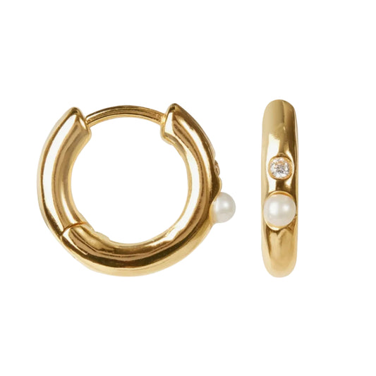Gold hoop earrings with pearls on a white background