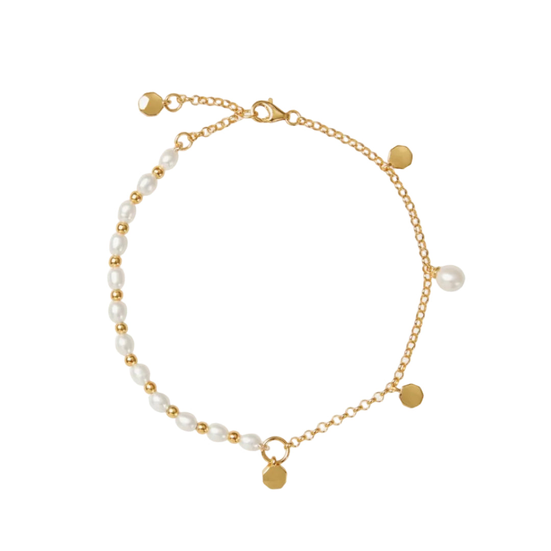 Gold bracelet with pearls on a white background