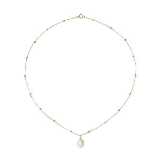 Gold necklace with a single pearl pendant on a white background
