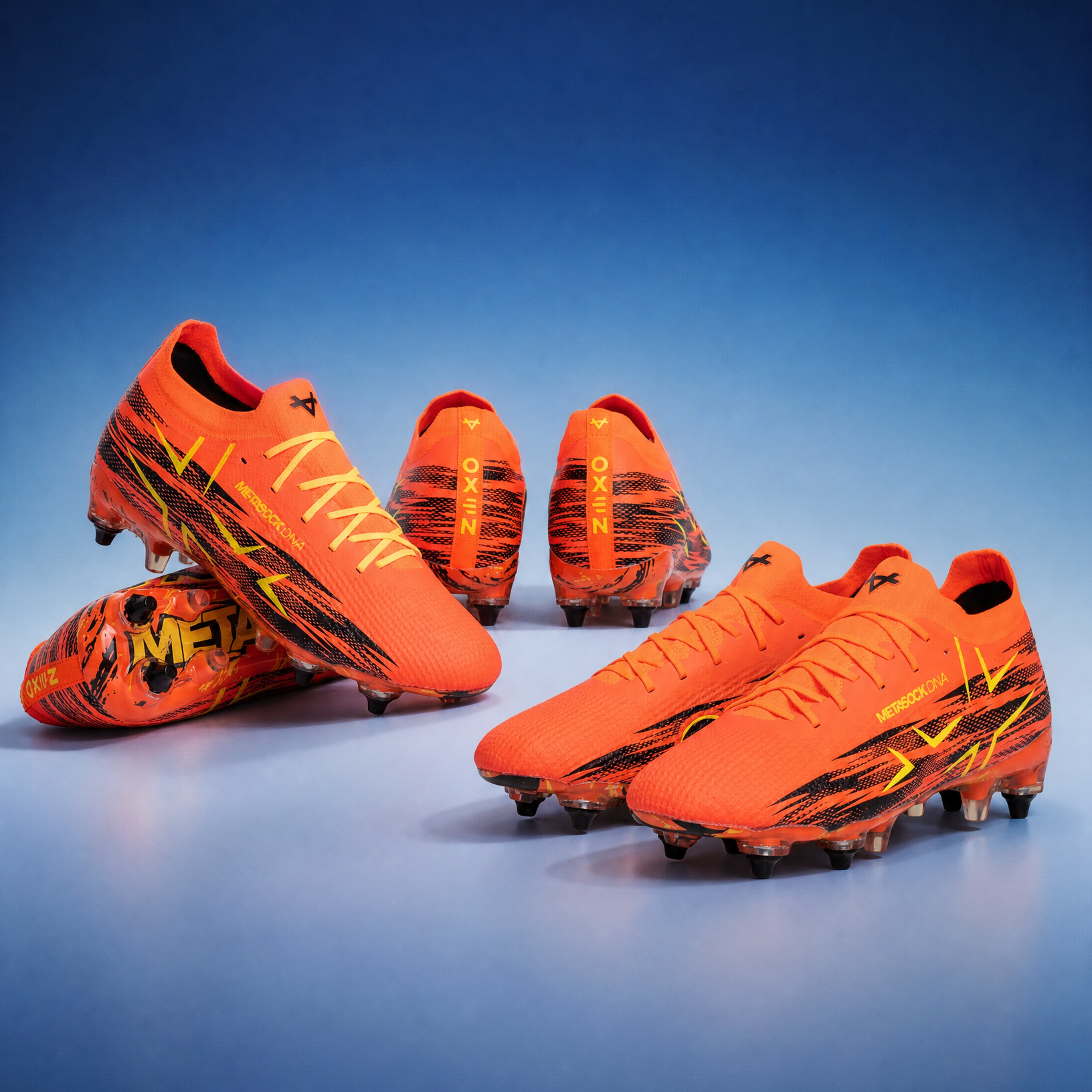 Orange soccer cleats with black and yellow patterns on a blue gradient background