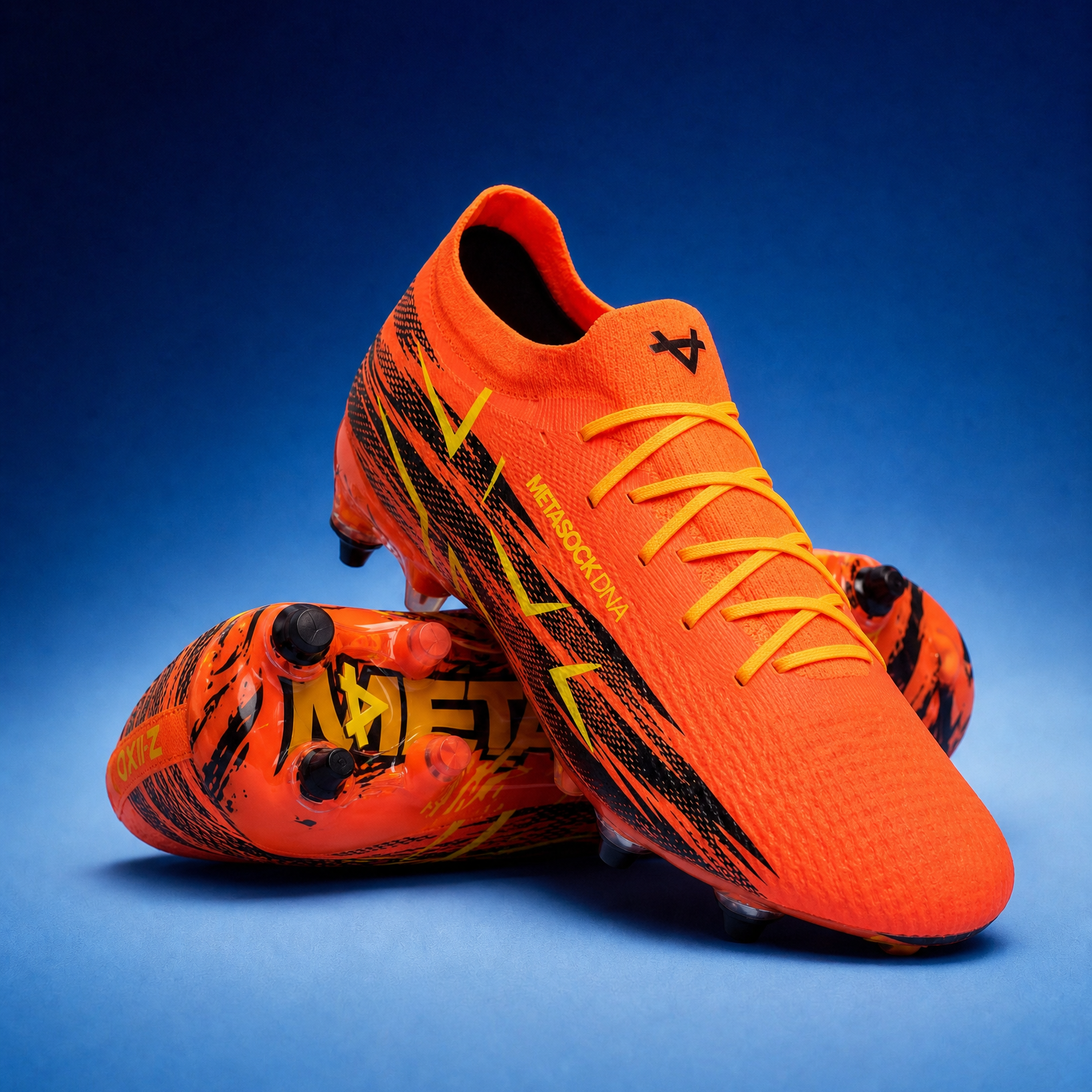 Orange soccer cleats with black and yellow accents on a blue background